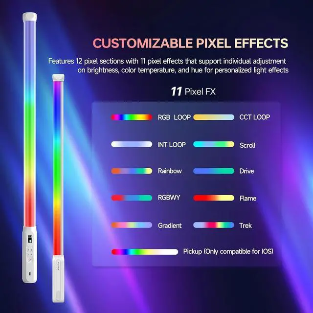 Alt view image 3 of 7 - P12 2 Pack RGB Tube Light, Full Color RGBWY Handheld LED Stick Light Wand with DMX App Control, 11 Pixel Effects 26 Scenes, Built-in Magnet, 2500-8500K, 2500mAh Battery, PD Fast Charging