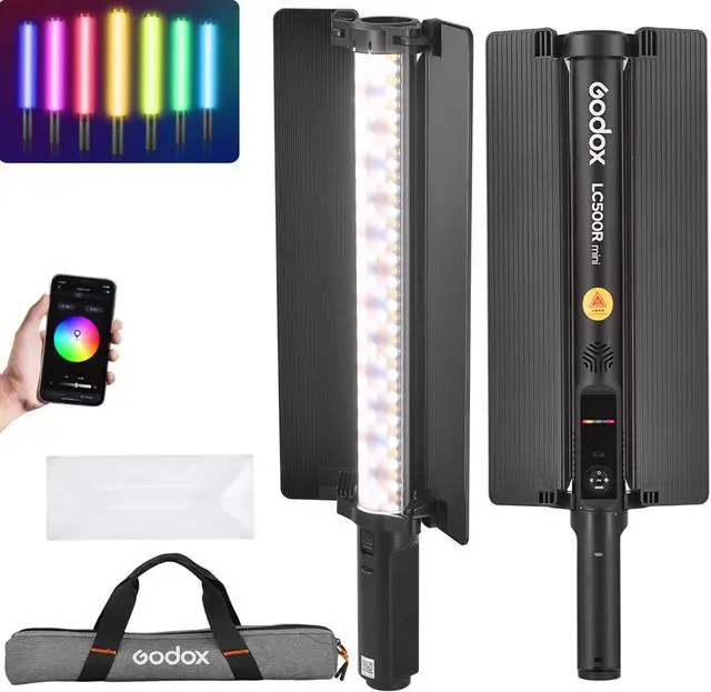 Main image of LC500R Mini Handheld RGB Tube Light, 2500K-8500K RGB Stick Light with Barndoor&Soft Diffuseur, 20W 360°Full Color CRI 96+ 15 FX Effects LED Lighting Wand with APP Control