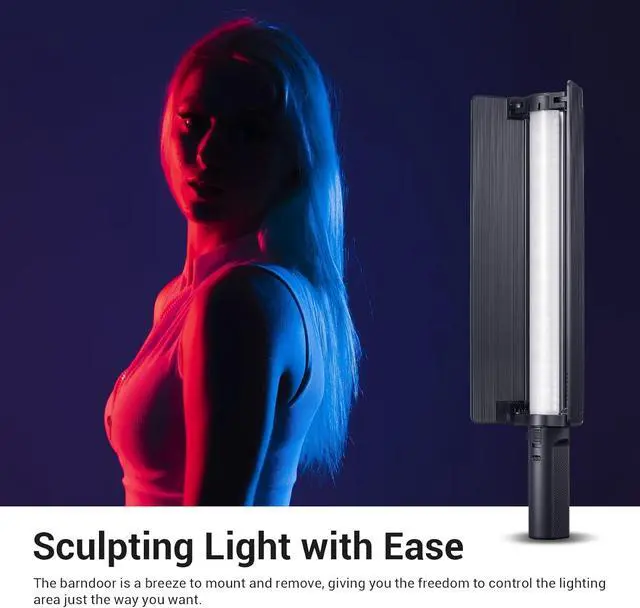 Alt view image 3 of 7 - LC500R Mini Handheld RGB Tube Light, 2500K-8500K RGB Stick Light with Barndoor&Soft Diffuseur, 20W 360°Full Color CRI 96+ 15 FX Effects LED Lighting Wand with APP Control