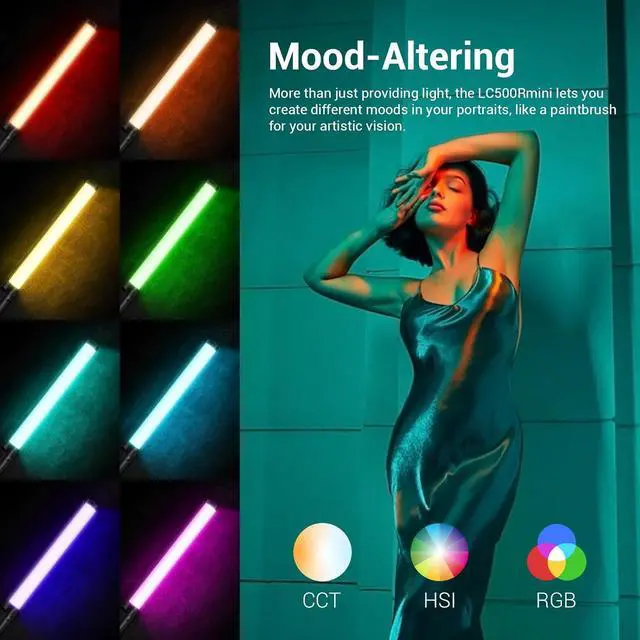 Alt view image 5 of 7 - LC500R Mini Handheld RGB Tube Light, 2500K-8500K RGB Stick Light with Barndoor&Soft Diffuseur, 20W 360°Full Color CRI 96+ 15 FX Effects LED Lighting Wand with APP Control