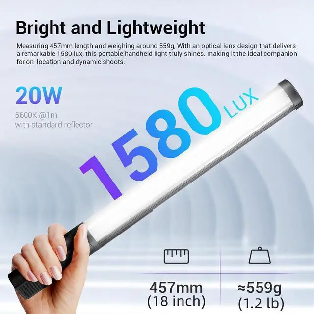 Alt view image 7 of 7 - LC500R Mini Handheld RGB Tube Light, 2500K-8500K RGB Stick Light with Barndoor&Soft Diffuseur, 20W 360°Full Color CRI 96+ 15 FX Effects LED Lighting Wand with APP Control