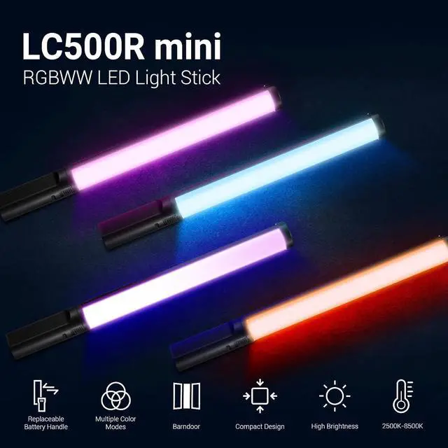 Alt view image 2 of 7 - LC500R Mini Handheld RGB Tube Light, 2500K-8500K RGB Stick Light with Barndoor&Soft Diffuseur, 20W 360°Full Color CRI 96+ 15 FX Effects LED Lighting Wand with APP Control