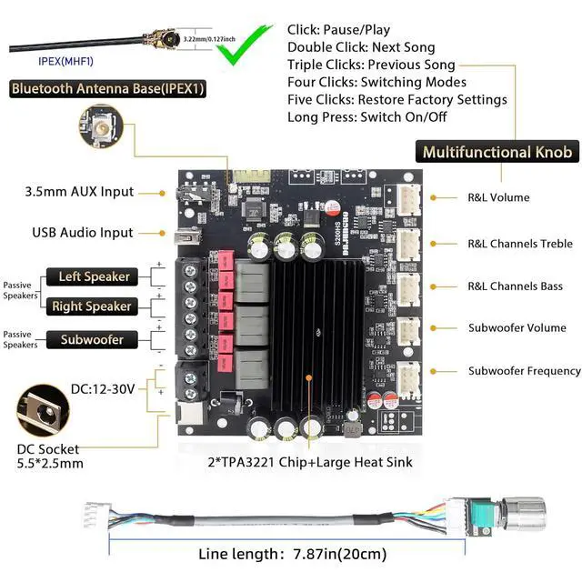 Alt view image 2 of 7 - S200HS-W Power Amplier Board Bluetooth5.2 TPA3221 Chip with Subwoofer 2.1 Channel 100W×2+200W,Audio Power Amplier Module (S200HS-W)