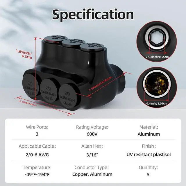 Alt view image 7 of 7 - Inline Splice Connector Dual Entry Aluminum Connector, 3 Port Insulated Multi Tap Connectors, 2/0-6 AWG Splice Connectors, Aluminum to Copper Wire Connector with 3/16" Allen Hex, 5pcs