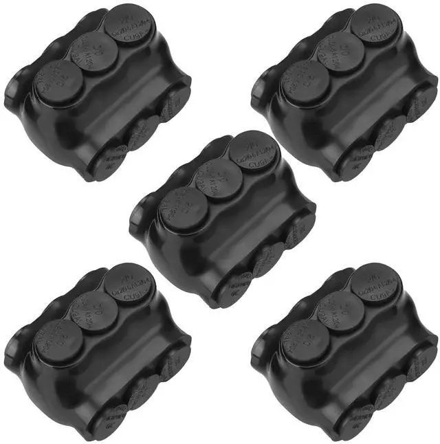 Main image of 5 Pack 3 Port Insulated Wire Connectors Black Multi Aluminum Inline Splice Tap Connector Pre-lled Oxide Inhibitor Dual Sided Entry for Residential Wiring Applications, Ul Listed (2/0-6 AWG)