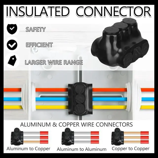 Alt view image 5 of 6 - 5 Pack 3 Port Insulated Wire Connectors Black Multi Aluminum Inline Splice Tap Connector Pre-lled Oxide Inhibitor Dual Sided Entry for Residential Wiring Applications, Ul Listed (2/0-6 AWG)
