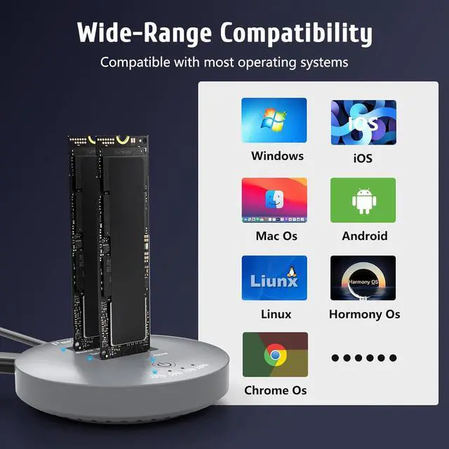 Alt view image 5 of 7 - M.2 NVMe SSD Cloner Dock,10Gbps Dual-Bay NVMe to USB Enclosure,Supports Offline Clone,UASP,USB 3.2 Gen 2 SSD Enclosure Adapter,M.2 Docking Station for SSDs Size 2230/2242/2260/2280/22110,Support 2x8TB