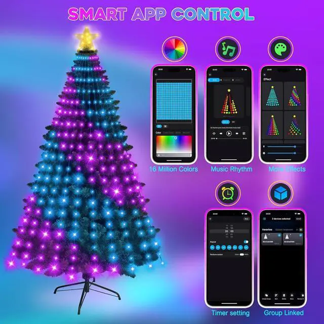 Alt view image 5 of 7 - Smart Ring Christmas Tree Lights with Star Topper Indoor Outdoor - 7.5Ft x 20 Lines String 400 Opm LED Easy App Control Images Color Changing Timer Remote Waterproof for 7 7.5 8 Ft Xmas Trees