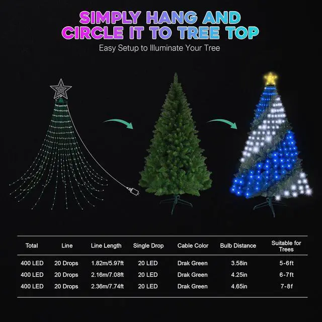 Alt view image 6 of 7 - Smart Ring Christmas Tree Lights with Star Topper Indoor Outdoor - 7.5Ft x 20 Lines String 400 Opm LED Easy App Control Images Color Changing Timer Remote Waterproof for 7 7.5 8 Ft Xmas Trees