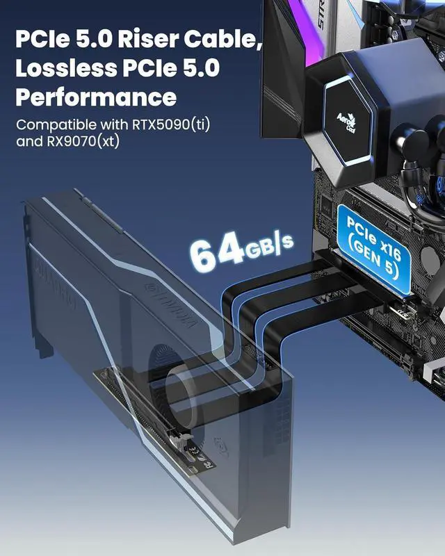 Alt view image 2 of 7 - PCIe 5.0 Riser Cable | RTX5090 RTX4090 RX9070 RX7900 GPU Ready | Compatible with PCIe 5.0/4.0 GPU | 90 Degree Right Angle for Vertical GPU Mount| Flexible PVC Gpu Riser Cable 150mm Black