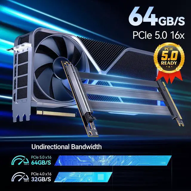 Alt view image 2 of 6 - PCIe 5.0 X16 Riser Cable, GPU Vertical Mount Extension Cable, High-Speed 64GT/s 128GB/s Bandwidth,Compatible with PCIE 4.0/3.0, for RTX5090/RX8900 GPU Graphics Card, Black (200MM/ 20cm/ 0.65ft)