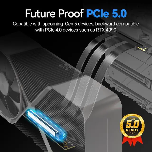 Alt view image 3 of 6 - PCIe 5.0 X16 Riser Cable, GPU Vertical Mount Extension Cable, High-Speed 64GT/s 128GB/s Bandwidth,Compatible with PCIE 4.0/3.0, for RTX5090/RX8900 GPU Graphics Card, Black (200MM/ 20cm/ 0.65ft)