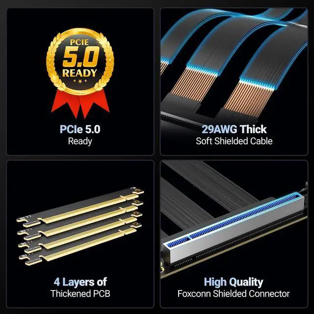 Alt view image 4 of 6 - PCIe 5.0 X16 Riser Cable, GPU Vertical Mount Extension Cable, High-Speed 64GT/s 128GB/s Bandwidth,Compatible with PCIE 4.0/3.0, for RTX5090/RX8900 GPU Graphics Card, Black (200MM/ 20cm/ 0.65ft)