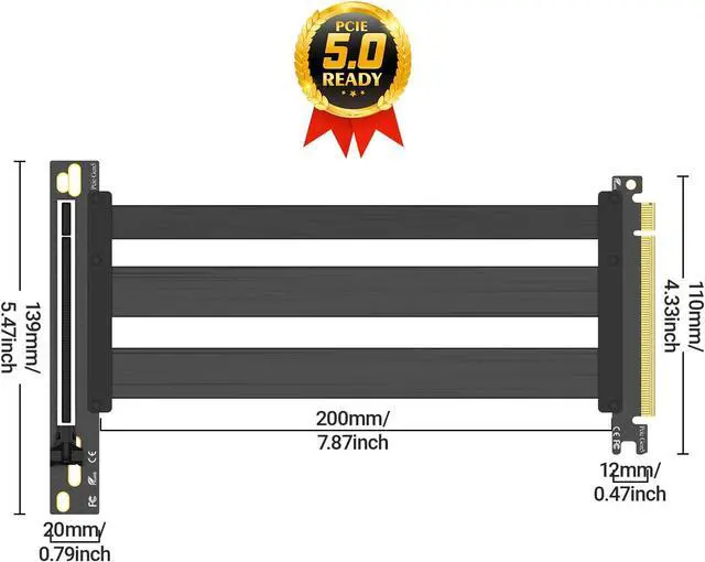 Alt view image 6 of 6 - PCIe 5.0 X16 Riser Cable, GPU Vertical Mount Extension Cable, High-Speed 64GT/s 128GB/s Bandwidth,Compatible with PCIE 4.0/3.0, for RTX5090/RX8900 GPU Graphics Card, Black (200MM/ 20cm/ 0.65ft)