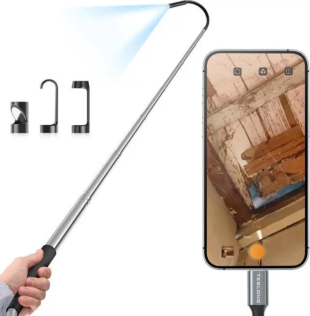 Main image of Telescopic Camera with Light, USB-C Borescope with 5FT Telescopic Pole, for HVAC Systems, Wall, Chimney, Automotive and Pipe Inspections, Compatible with iPhone 15/16 and Android