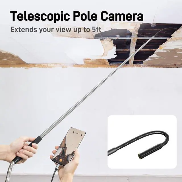 Alt view image 2 of 7 - Telescopic Camera with Light, USB-C Borescope with 5FT Telescopic Pole, for HVAC Systems, Wall, Chimney, Automotive and Pipe Inspections, Compatible with iPhone 15/16 and Android