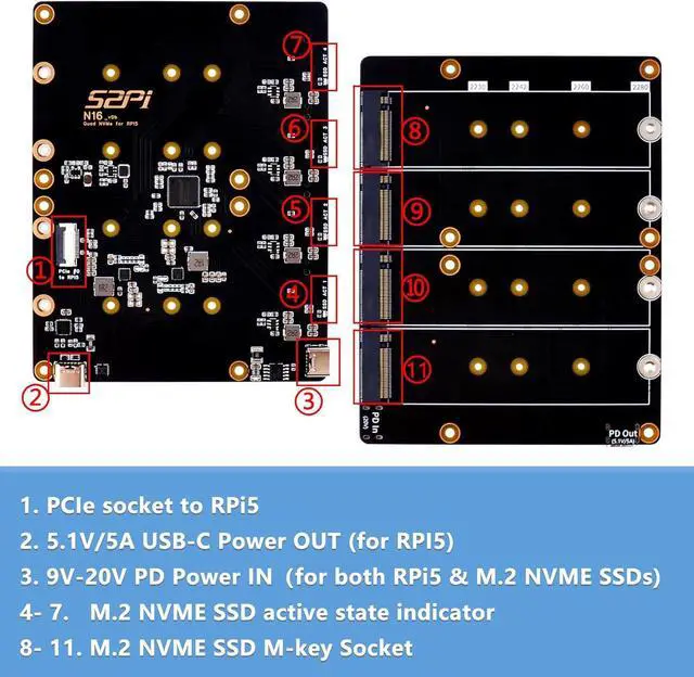 Alt view image 3 of 7 - N16 Quad M.2 M-Key NVMe SSD HAT for Raspberry Pi 5, Support M.2 NVMe M-Key 2230/2242/2260/2280 SSDs
