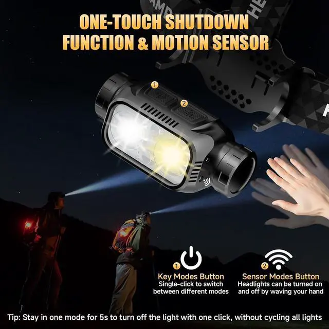 Alt view image 2 of 7 - Rechargeable LED Headlamp 6 Pack, High Lumen Super Bright Head Lamp with Red Light, Motion Sensor, 5 Modes, 90° Adjustable, Waterproof Lightweight Headlamps for Adult Running, Camping, shing