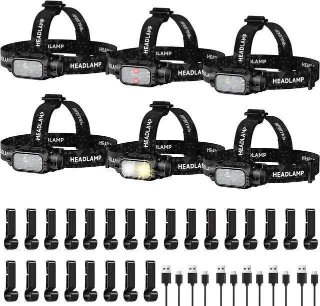 Main image of Rechargeable LED Headlamp 6 Pack, High Lumen Super Bright Head Lamp with Red Light, Motion Sensor, 5 Modes, 90° Adjustable, Waterproof Lightweight Headlamps for Adult Running, Camping, shing