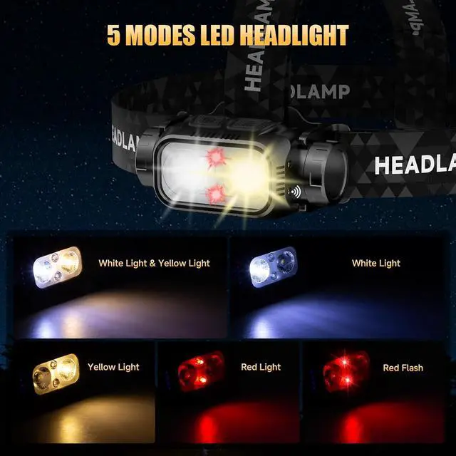 Alt view image 3 of 7 - Rechargeable LED Headlamp 6 Pack, High Lumen Super Bright Head Lamp with Red Light, Motion Sensor, 5 Modes, 90° Adjustable, Waterproof Lightweight Headlamps for Adult Running, Camping, shing