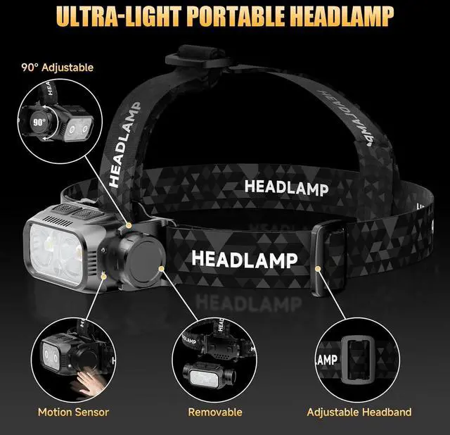Alt view image 6 of 7 - Rechargeable LED Headlamp 6 Pack, High Lumen Super Bright Head Lamp with Red Light, Motion Sensor, 5 Modes, 90° Adjustable, Waterproof Lightweight Headlamps for Adult Running, Camping, shing