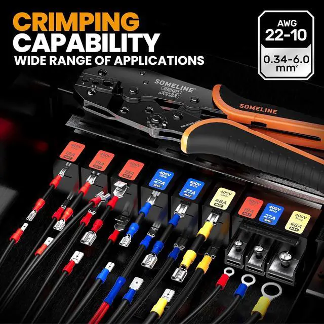 Alt view image 3 of 7 - Wire Terminal Crimping Tool Kit, with 51 Sizes Insulated Terminals and 22-10 AWG Ratchet Crimping Pliers and Automatic Stripping Pliers, Ring Fork Disconnect Butt Electrical Terminal Kit