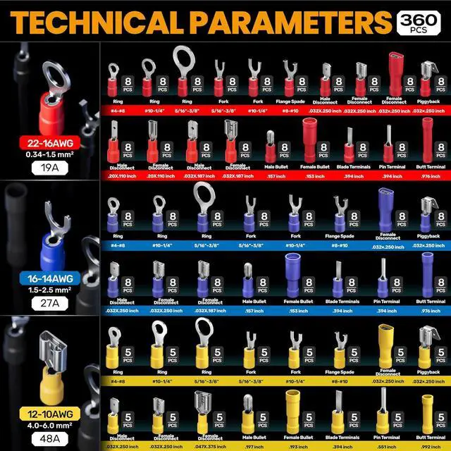 Alt view image 4 of 7 - Wire Terminal Crimping Tool Kit, with 51 Sizes Insulated Terminals and 22-10 AWG Ratchet Crimping Pliers and Automatic Stripping Pliers, Ring Fork Disconnect Butt Electrical Terminal Kit