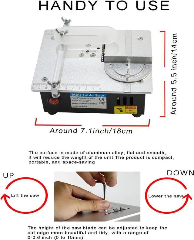 Alt view image 3 of 7 - Mini Table Saw,  96W Mini Desktop Electric Saw Cutter 7.1"x5.5", Cut Thickness Adjustable Precision Craft Table Saw with Speed & Angle Adjust 4* Blades, Available for Wood/PCB/Acrylic/Plastic