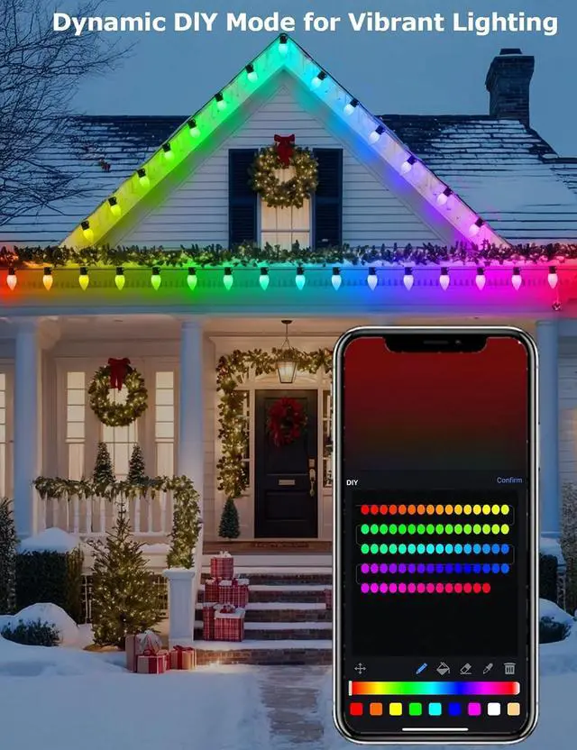 Alt view image 2 of 7 - Smart C9 Christmas Lights Outdoor 66ft, 100 LED RGBW Chasing Effects Xmas Lights Outdoor, APP and Remote Controlled with Timer Music Sync, Extendable LED Christmas Lighting for House Tree