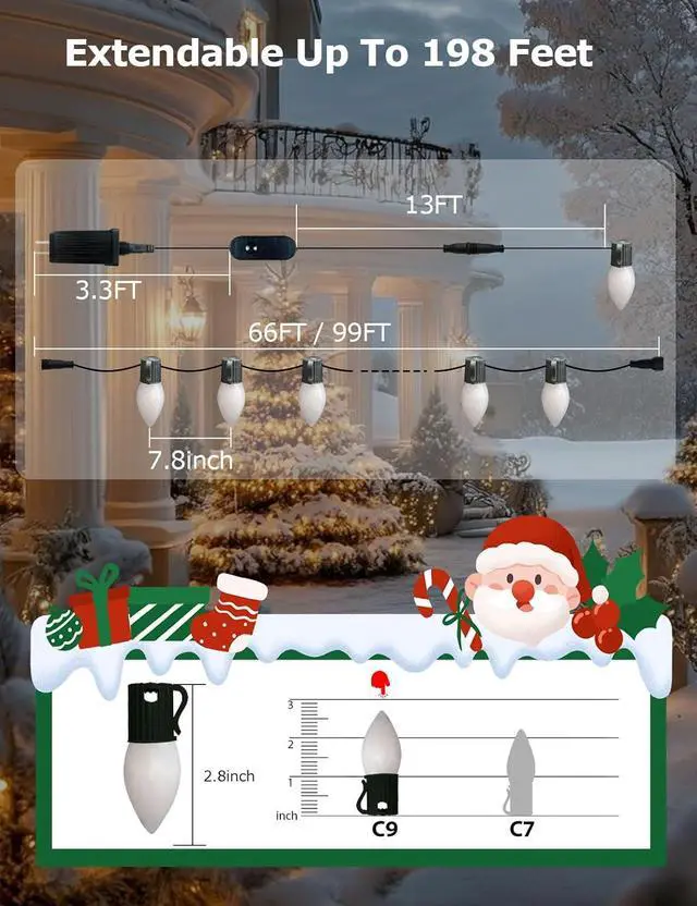 Alt view image 7 of 7 - Smart C9 Christmas Lights Outdoor 66ft, 100 LED RGBW Chasing Effects Xmas Lights Outdoor, APP and Remote Controlled with Timer Music Sync, Extendable LED Christmas Lighting for House Tree