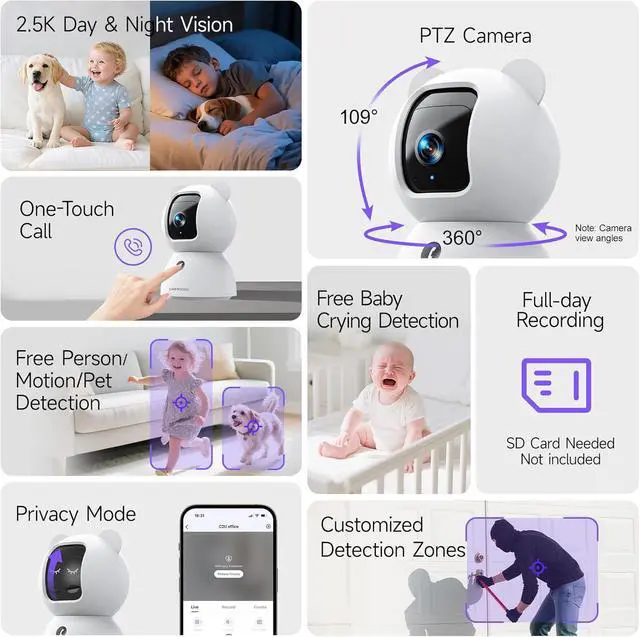 Alt view image 2 of 7 - 2.5K Indoor Camera 2pack, Non-Subscription AI Person/Pet/Cry Detection, 4MP Pet/Dog/Cat/Baby Camera w/Phone App, Pan Tilt 2.4GHz Wi Cameras for Home Security, Night Vision, Full Duplex 2-Way Audio