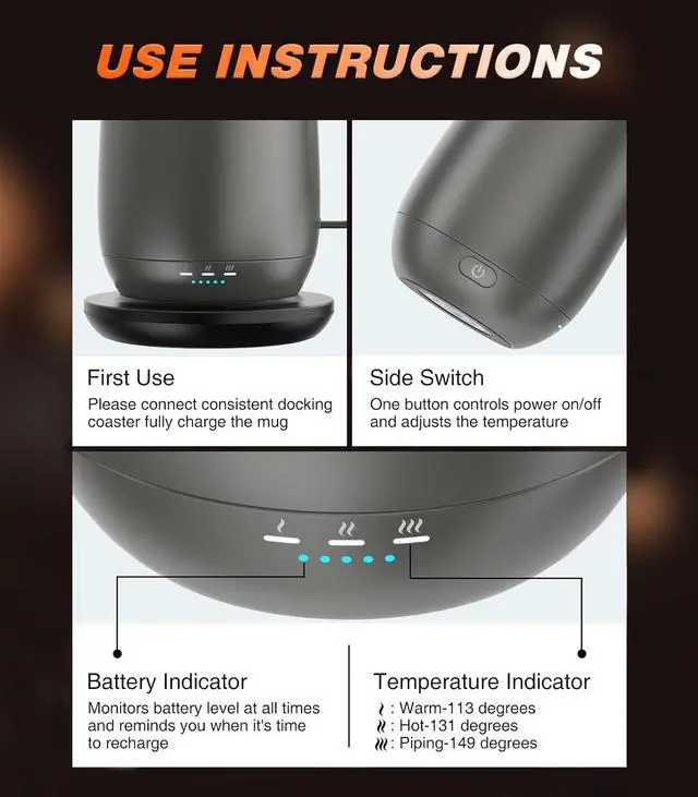 Alt view image 3 of 7 - Self Heating Coffee Mug T2, 16oz Smart Heated Coffee Mug, 150 Min Battery Life - Hot up to 149 Temperature Control Coffee Mug Warmer, Gifts for Dad Mom (No APP)