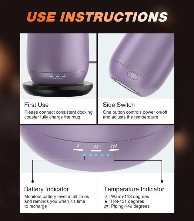 Alt view image 3 of 7 - Self Heating Coffee Mug T2, 16oz Smart Heated Coffee Mug, 150 Min Battery Life - Hot up to 149 Temperature Control Coffee Mug Warmer, Gifts for Dad Mom (No APP)