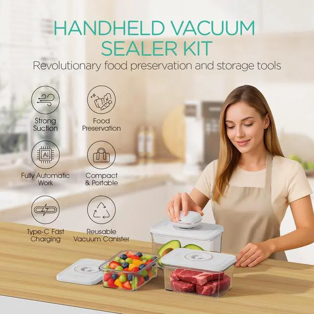 Alt view image 2 of 7 - Handheld Vacuum Sealer for Food with 3 Vacuum Containers Mini and Portable Vacuum Sealer for Food Preservation Rechargeable & Cordless Fully Automatic Food Vacuum Pump (1 Machine + 3 Containers)