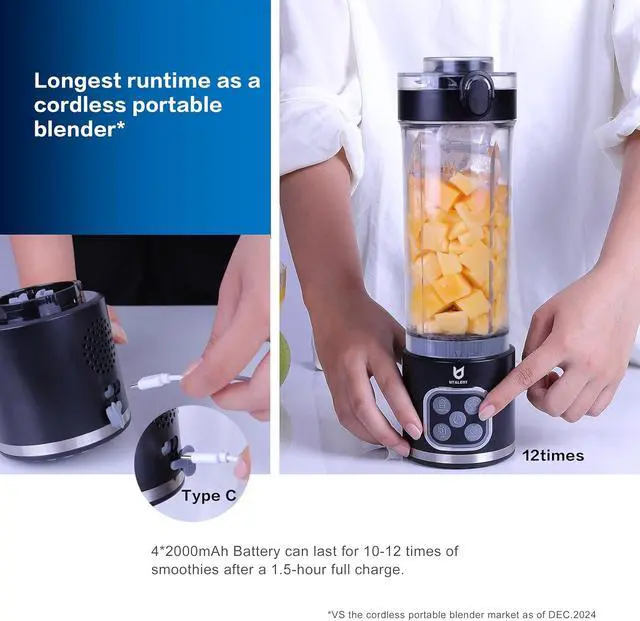 Alt view image 2 of 6 - Cordless Portable Blender, 25 oz removable VesselPowerful Personal Blender, for Smoothies, Ice Crush, 4 Programs, Leakproof-Lid & Sip Spout, USB-C Rechargeable, Dishwasher Safe Parts, Black