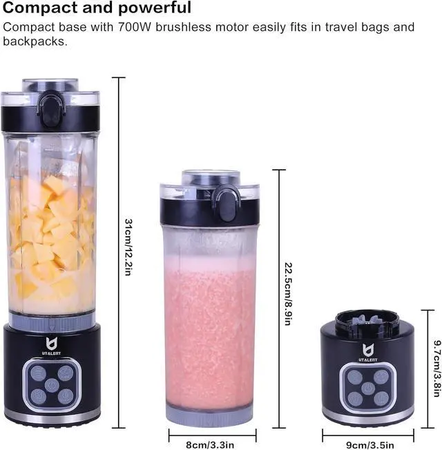 Alt view image 6 of 6 - Cordless Portable Blender, 25 oz removable VesselPowerful Personal Blender, for Smoothies, Ice Crush, 4 Programs, Leakproof-Lid & Sip Spout, USB-C Rechargeable, Dishwasher Safe Parts, Black