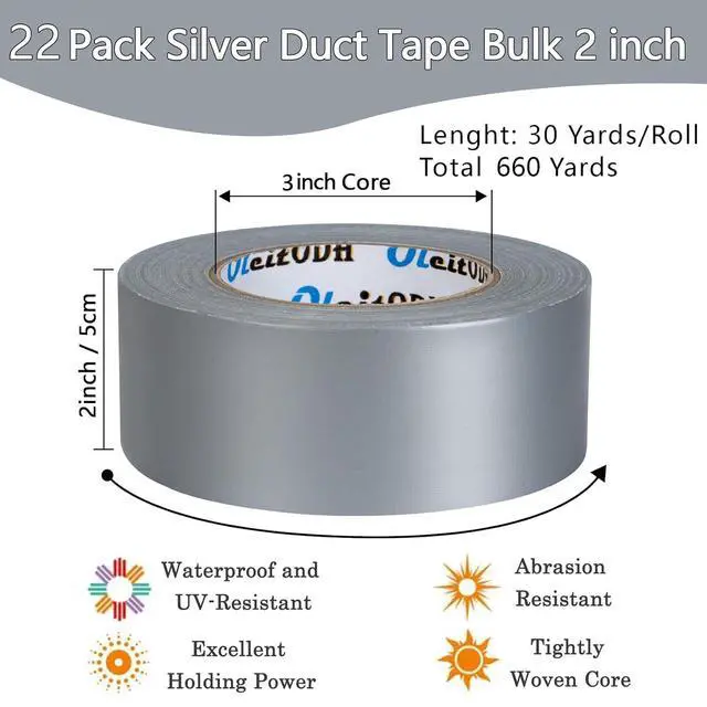 Alt view image 2 of 7 - 22 Pack Silver Duct Tape Bulk, 2 inch X 660 Yards, Heavy Duty Waterproof, Strong No Residue All-Weather Duct Tape, Tear by Hand, Multi-Use for Indoor & Outdoor Repairs, Industrial, Professional Use