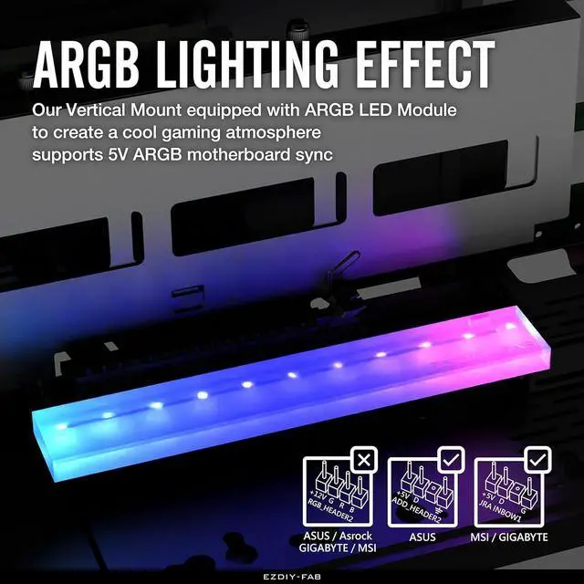 Alt view image 2 of 7 - Vertical PCIe 4.0 GPU Mount Bracket Graphic Card Holder with 5V 3 Pin ARGB LED Module, Video Card VGA Support Kit with PCIe 4.0 X16 Gen4 17cm/6.69in Riser Cable 90 Degree Right Angle- Black