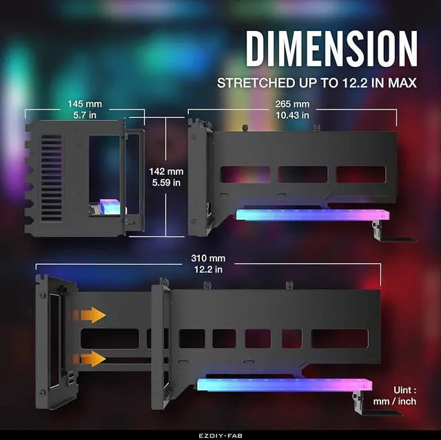 Alt view image 3 of 7 - Vertical PCIe 4.0 GPU Mount Bracket Graphic Card Holder with 5V 3 Pin ARGB LED Module, Video Card VGA Support Kit with PCIe 4.0 X16 Gen4 17cm/6.69in Riser Cable 90 Degree Right Angle- Black