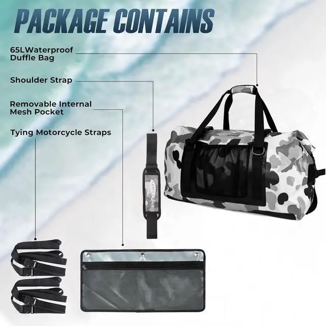 Alt view image 2 of 7 - 65L Waterproof Duffel Bag for Men and Women - Large Motorcle Duffle Bag with Straps for Back Seat - Roll Top Dry Bag for Kayaking, Rafting, Boating, Swimming, Beach