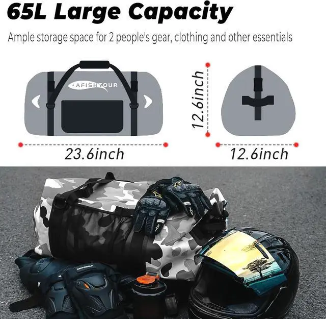 Alt view image 3 of 7 - 65L Waterproof Duffel Bag for Men and Women - Large Motorcle Duffle Bag with Straps for Back Seat - Roll Top Dry Bag for Kayaking, Rafting, Boating, Swimming, Beach