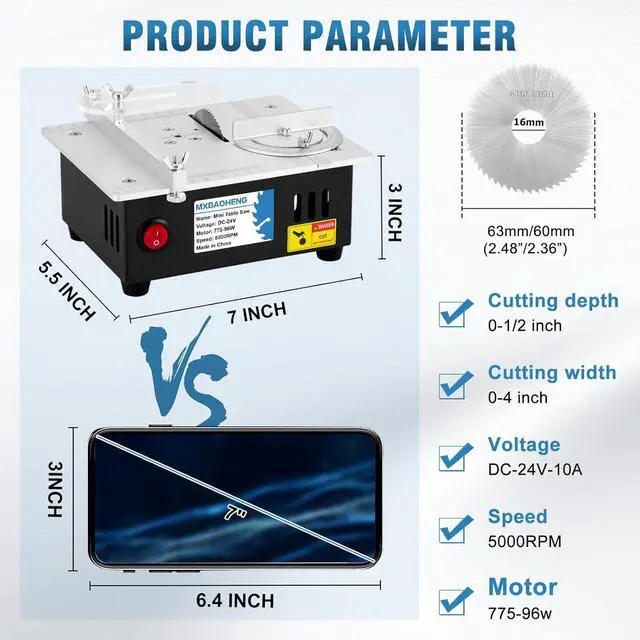 Alt view image 3 of 7 - Mini Table Saw S3 Portable Precision Craft Table Saw, 1/2" Adjustable Cut Depth, Seven Speed Adjustable Power Supply, for Small Hobby Woodworking Miniature Wood Craft Cutting