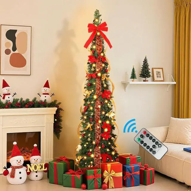 Main image of 6ft Pop Up Prelit Pencil Articial Christmas Tree with Remote Control, Slim Collapsible Christmas Tree Pre-rated Red&Gold rations, Pre-Lit Warm White&Multi-Color Lights for Xmas r, 6 FT