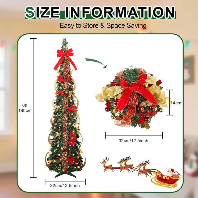 Alt view image 2 of 7 - 6ft Pop Up Prelit Pencil Articial Christmas Tree with Remote Control, Slim Collapsible Christmas Tree Pre-rated Red&Gold rations, Pre-Lit Warm White&Multi-Color Lights for Xmas r, 6 FT