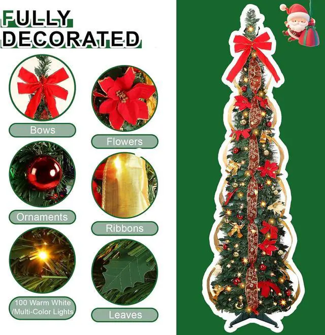 Alt view image 3 of 7 - 6ft Pop Up Prelit Pencil Articial Christmas Tree with Remote Control, Slim Collapsible Christmas Tree Pre-rated Red&Gold rations, Pre-Lit Warm White&Multi-Color Lights for Xmas r, 6 FT