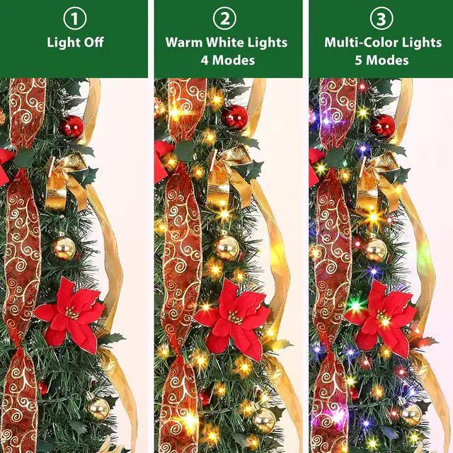 Alt view image 4 of 7 - 6ft Pop Up Prelit Pencil Articial Christmas Tree with Remote Control, Slim Collapsible Christmas Tree Pre-rated Red&Gold rations, Pre-Lit Warm White&Multi-Color Lights for Xmas r, 6 FT