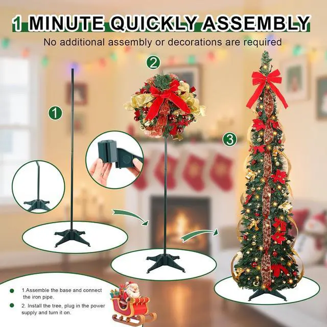Alt view image 6 of 7 - 6ft Pop Up Prelit Pencil Articial Christmas Tree with Remote Control, Slim Collapsible Christmas Tree Pre-rated Red&Gold rations, Pre-Lit Warm White&Multi-Color Lights for Xmas r, 6 FT