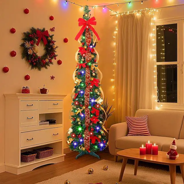 Alt view image 7 of 7 - 6ft Pop Up Prelit Pencil Articial Christmas Tree with Remote Control, Slim Collapsible Christmas Tree Pre-rated Red&Gold rations, Pre-Lit Warm White&Multi-Color Lights for Xmas r, 6 FT