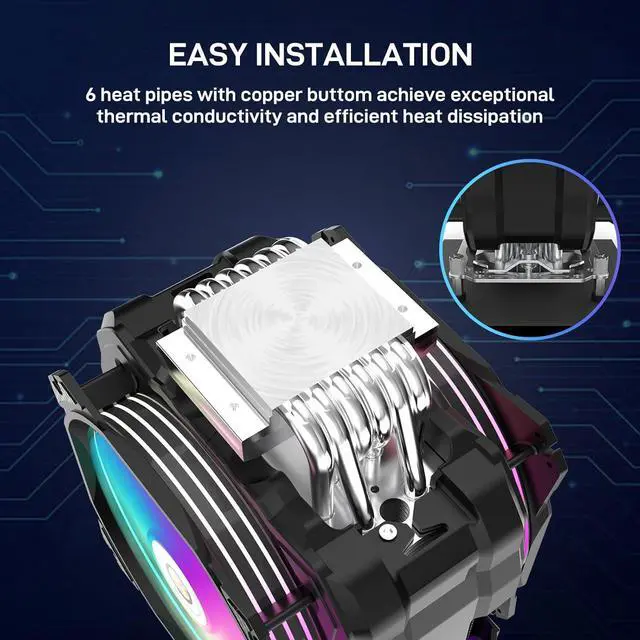 Alt view image 3 of 7 - M120D Plus Black CPU Cooler with Temperature Display, Dual ARGB & PWM Fans, 6 Copper Heat Pipes, Compatible with  LGA1700/1200/115X/2011/2066/1366 and AM4/AM5 (Black)