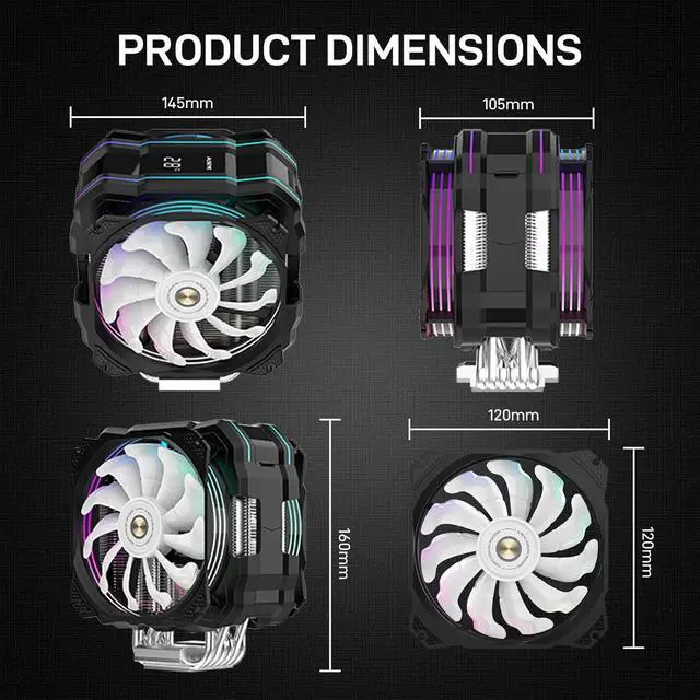 Alt view image 5 of 7 - M120D Plus Black CPU Cooler with Temperature Display, Dual ARGB & PWM Fans, 6 Copper Heat Pipes, Compatible with  LGA1700/1200/115X/2011/2066/1366 and AM4/AM5 (Black)